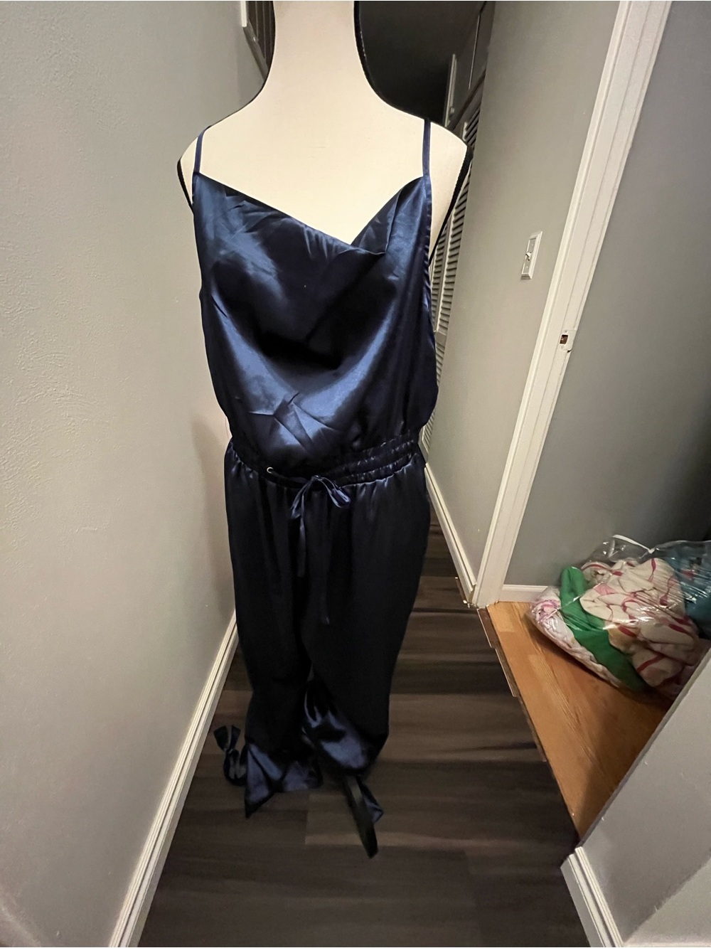 SHEIN Navy Blue Satin Cowl-Neck Jumpsuit with Drawstring Waist